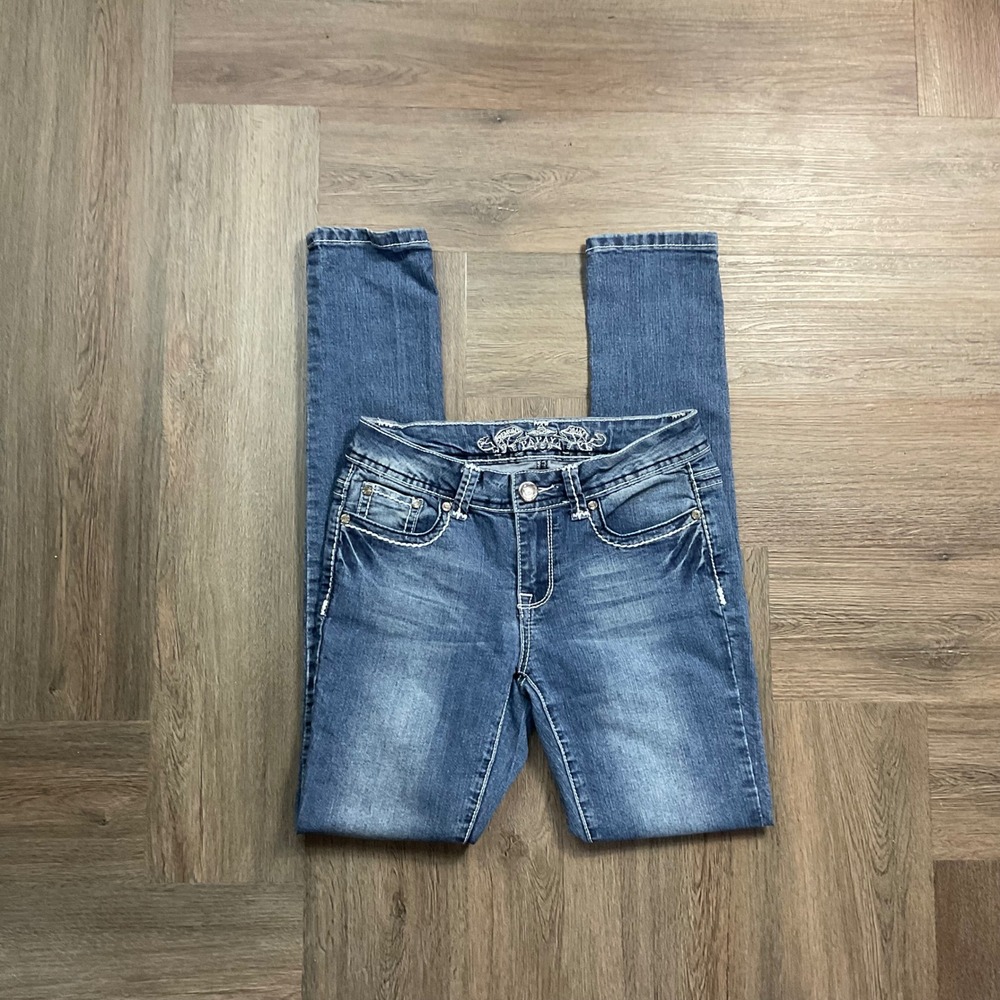 VTG Y2K Papaya‎ Cross Embellished Pocket Skinny Low Rise Jeans Women 5 Blue Boho